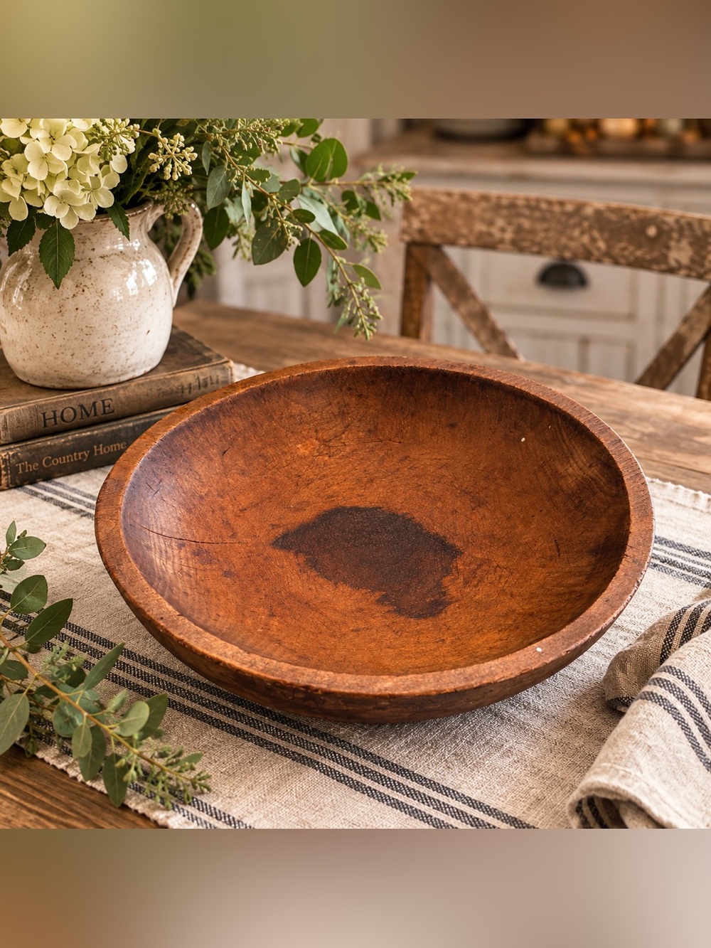 Vintage Primitive Wooden Bowl Hand Turned Rustic Farmhouse Decor 10”